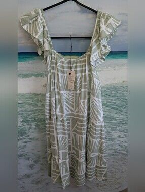 Soft Sage & White Ruffle-Sleeve Midi Dress